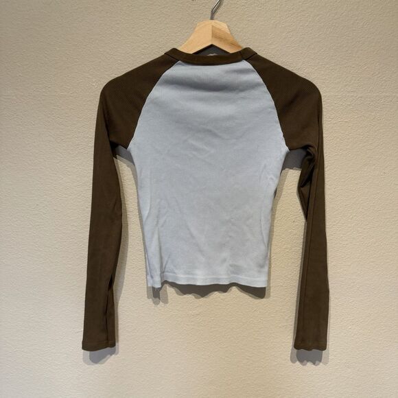 Brandy Melville Bella Top Colorblock Ribbed Long Sleeve Tee Crop Blue Brown Y2K - Picture 3 of 6
